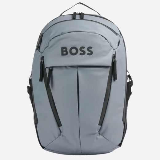 The Stormy Platinum Grey Polyester Backpack with BOSS Logo by BOSS.