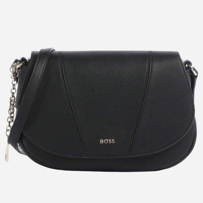The BOSS Salley Black Saddle Bag with Metal Logo by BOSS.