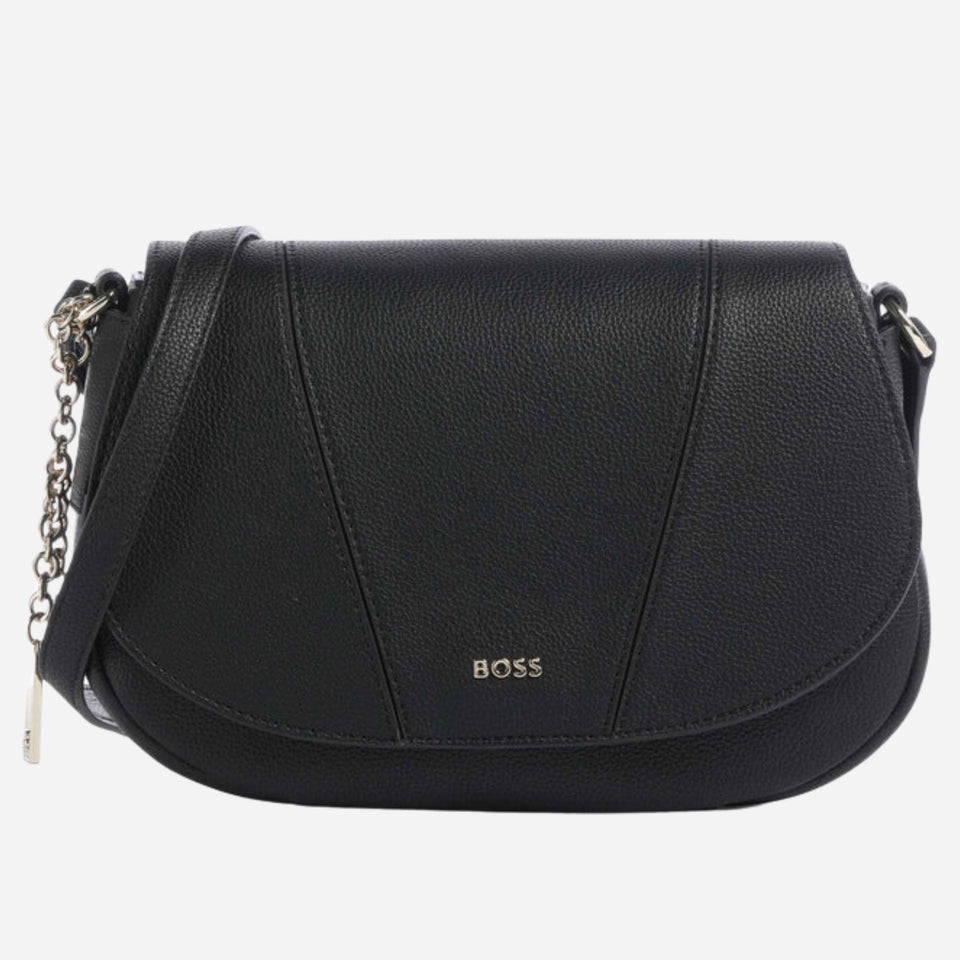 The BOSS Salley Black Saddle Bag with Metal Logo by BOSS.