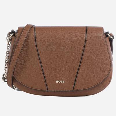 The BOSS Salley Brown Saddle Bag with Metal Logo by BOSS.