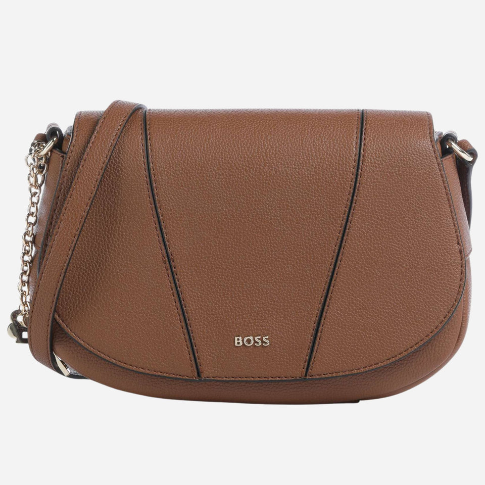 The BOSS Salley Brown Saddle Bag with Metal Logo by BOSS.