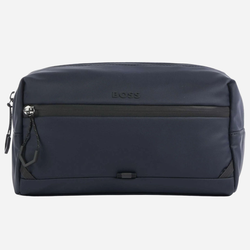 The BOSS Stenson Navy Blue Wash Bag with Raised Black Logo by BOSS.