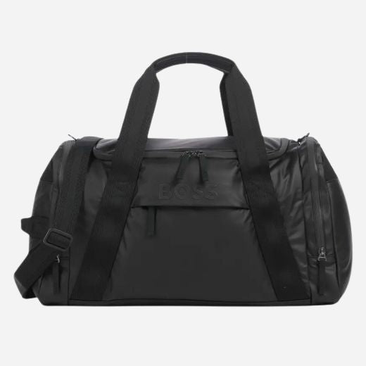 The Stormy Black Recycled Polyester Holdall with Black BOSS Logo by BOSS.