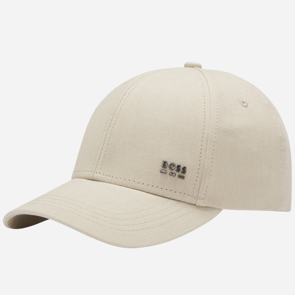 The BOSS Zed Light Beige Cotton-Twill Cap with Metal Logo and Signature Stripes by BOSS.