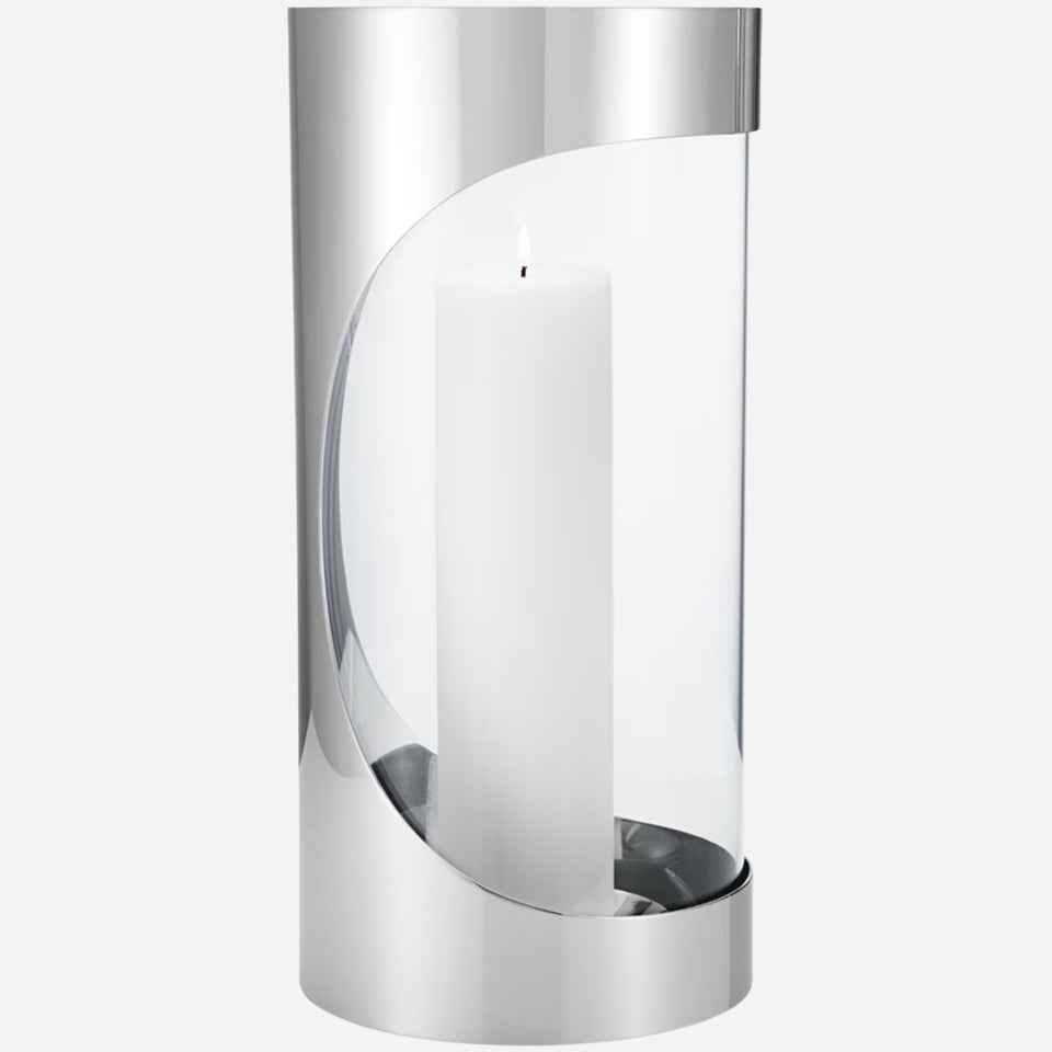 The Chrome Contours Large Stainless Steel and Glass Hurricane Candleholder by Georg Jensen.