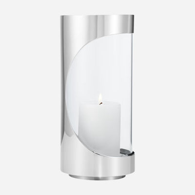 The Chrome Contours Small Stainless Steel and Glass Hurricane Candleholder by Georg Jensen.