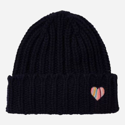 The Women's Navy Blue Lambswool Beanie with Swirl Heart Logo by Paul Smith.