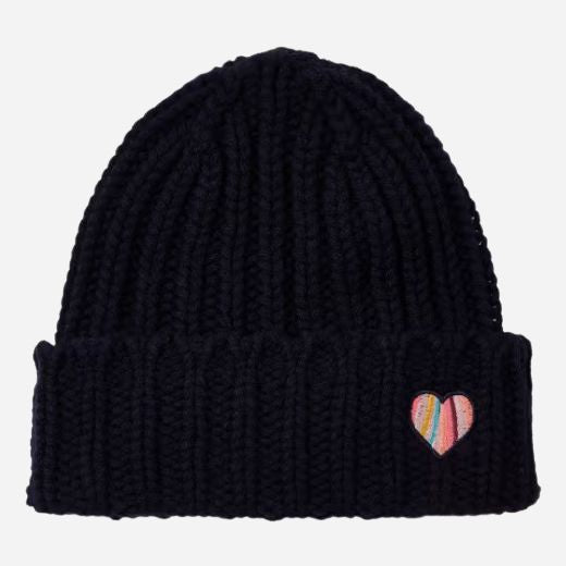 The Women's Navy Blue Lambswool Beanie with Swirl Heart Logo by Paul Smith.