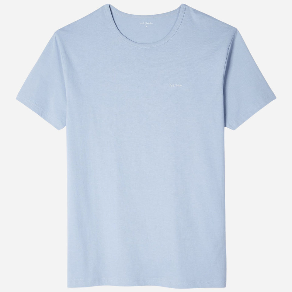 Front view of the light blue T-shirt from the Paul Smith 3-Pack of Men's Mixed Colour Organic Cotton Lounge T-Shirts with Logo.