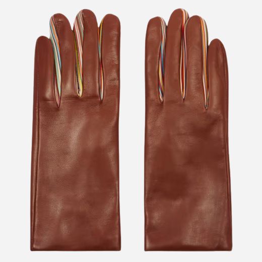The Women's Tan Brown Leather Gloves with Signature Stripe by Paul Smith.