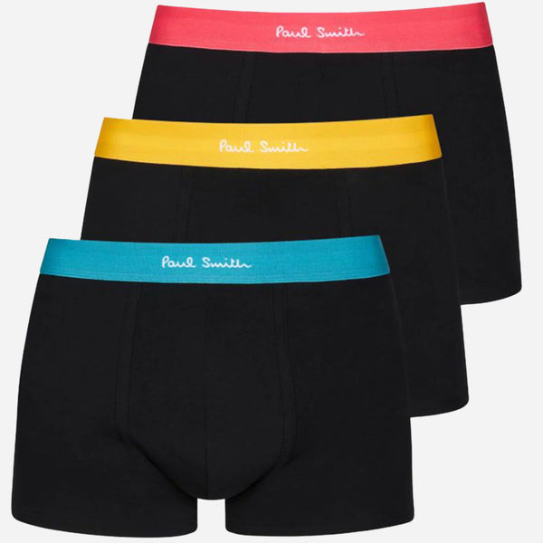 The Paul Smith 3-Pack Men's Black Cotton Trunks with Multicoloured Waistbands and Logo by Paul Smith.
