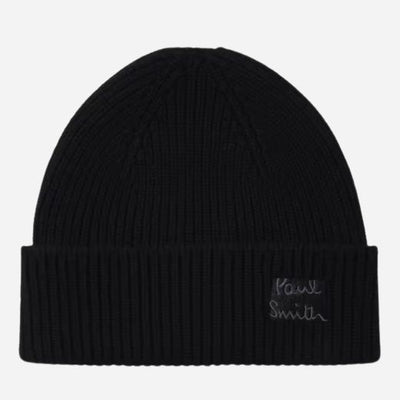 The Men's Black Cashmere-Blend Beanie Hat with Embroidered Logo by Paul Smith.