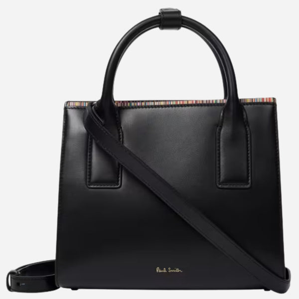 The Paul Smith Women's Black Leather Top Handle Bag with 'Signature Stripe' Trims by Paul Smith.