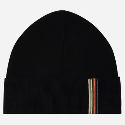 The Paul Smith Black Merino Wool Hat with Signature Stripe Edge by Paul Smith.