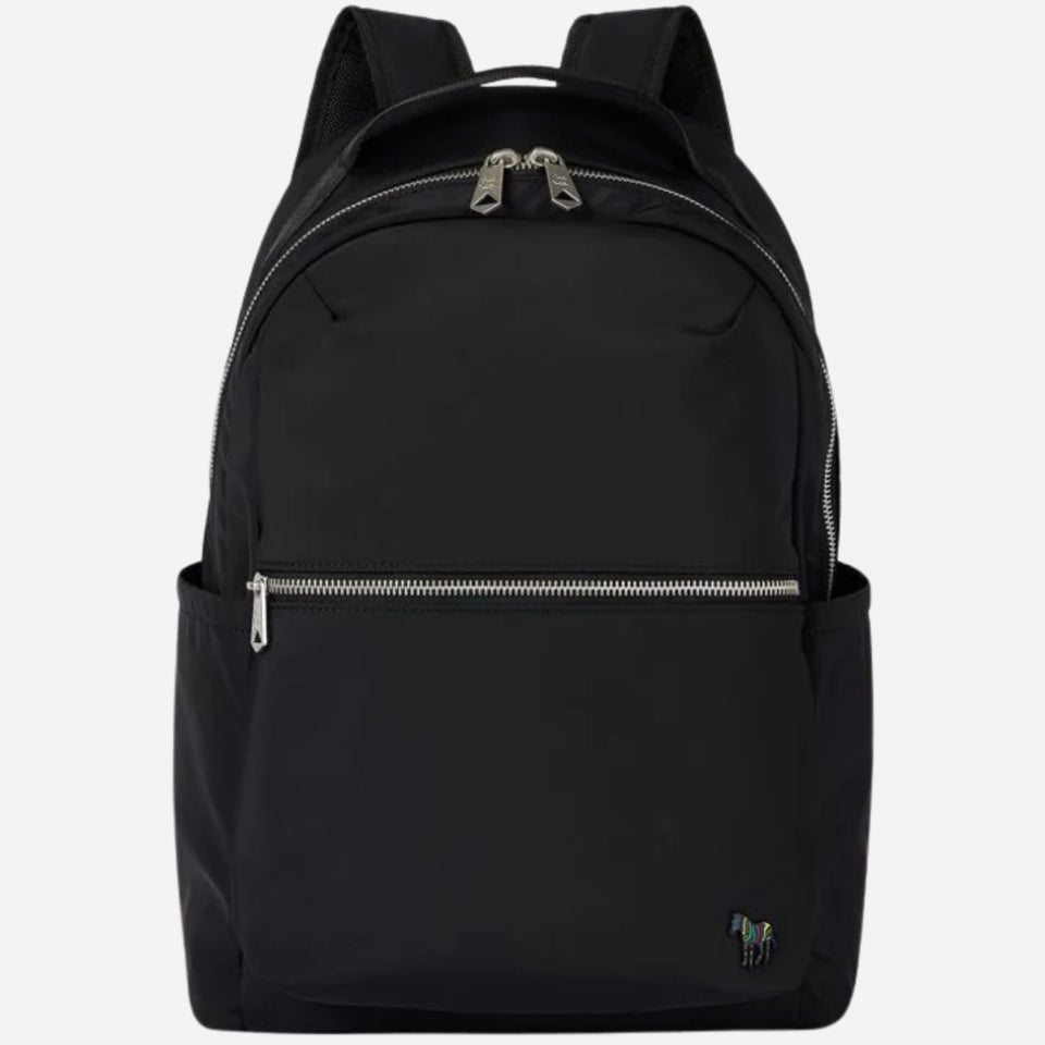 The Paul Smith Black Recycled Polyester Backpack with Signature Stripe Zebra Logo by Paul Smith.