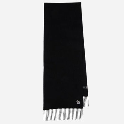 The Men's Black Wool Scarf with Fringed Edges and Zebra Logo by Paul Smith.