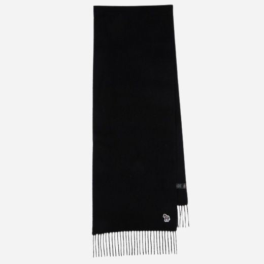 The Men's Black Wool Scarf with Fringed Edges and Zebra Logo by Paul Smith.