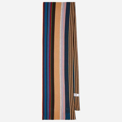 The Men's Brown Twisted Signature Stripe Merino Wool Scarf by Paul Smith.