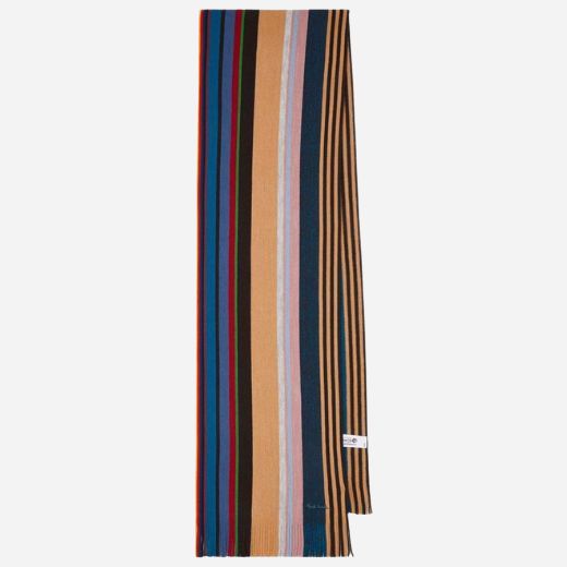 The Men's Brown Twisted Signature Stripe Merino Wool Scarf by Paul Smith.