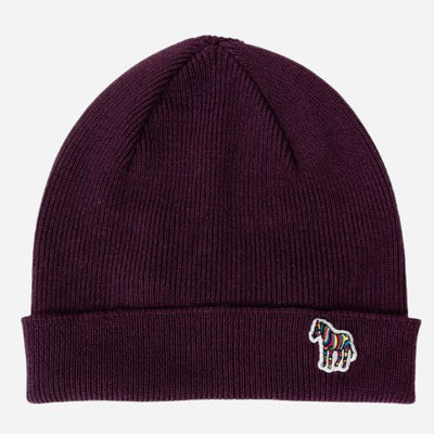 The Men's Red Wool Beanie Hat with Striped Zebra Logo by Paul Smith.