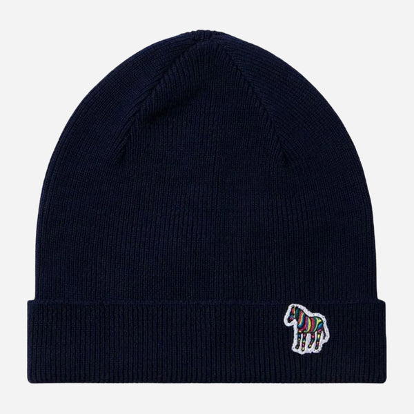 The Paul Smith Navy Blue Wool Beanie with Signature Stripe Zebra Logo by Paul Smith.