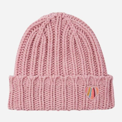 The Women's Pink Lambswool Beanie with Swirl Heart Logo by Paul Smith.