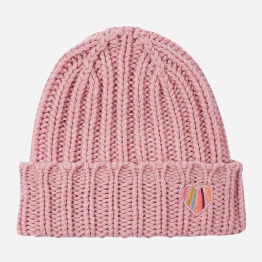 The Women's Pink Lambswool Beanie with Swirl Heart Logo by Paul Smith.