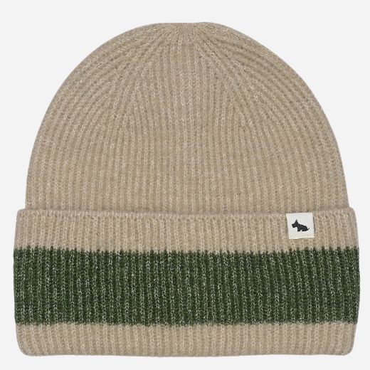 The Knitters Lane Oatmeal Marl Hat with Contrasting Stripe by Radley.