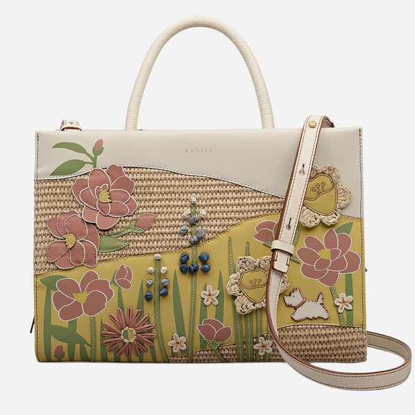The Radley Spring Blooms Raffia and Leather Medium Ziptop Multiway Bag by Radley.