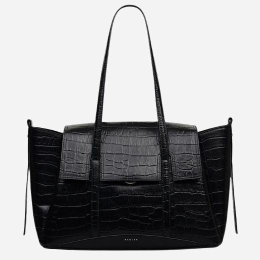 The Chancery Black Faux Croc Leather Medium Flapover Shoulder Bag by Radley.