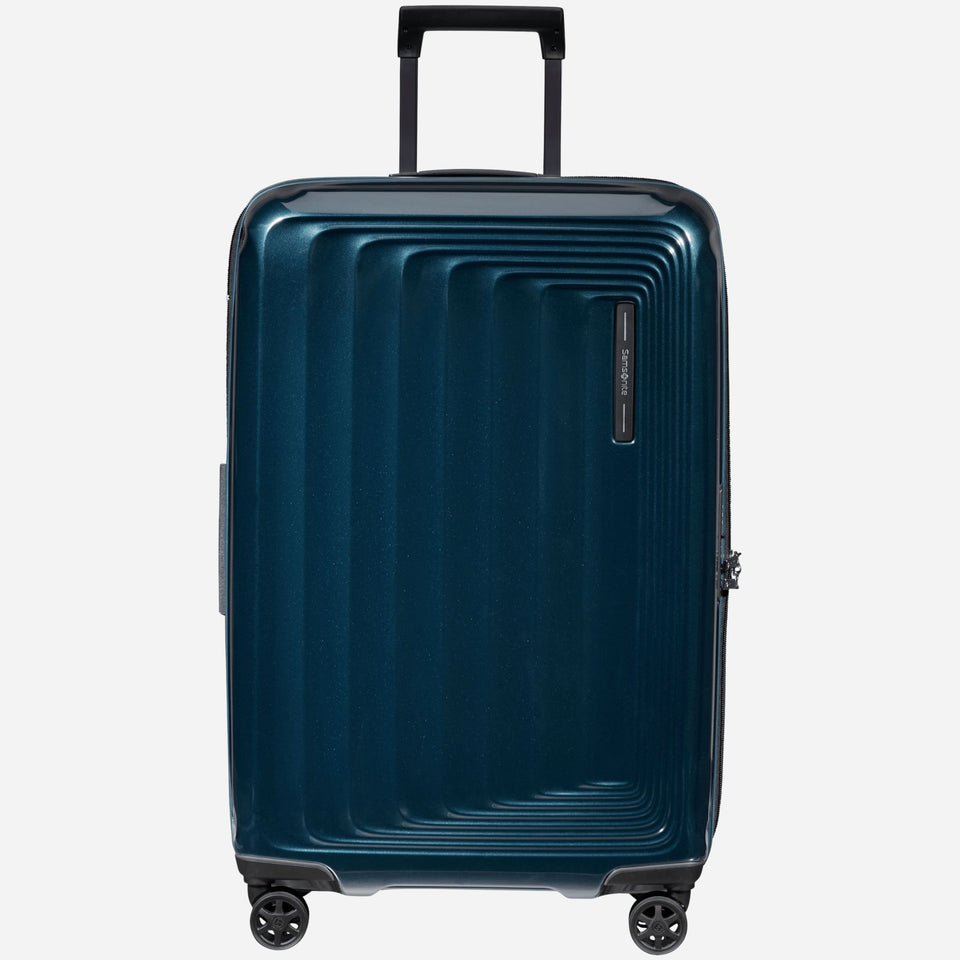 The Nuon Metallic Dark Blue 69cm Expandable Spinner Suitcase by Samsonite.