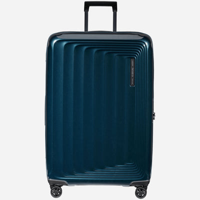 The Nuon Metallic Dark Blue 75cm Expandable Spinner Suitcase by Samsonite.