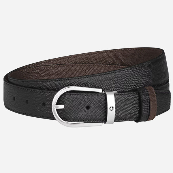The 30 mm Horseshoe Pin Buckle Reversible Black and Ebony Sartorial Leather Belt by Montblanc.