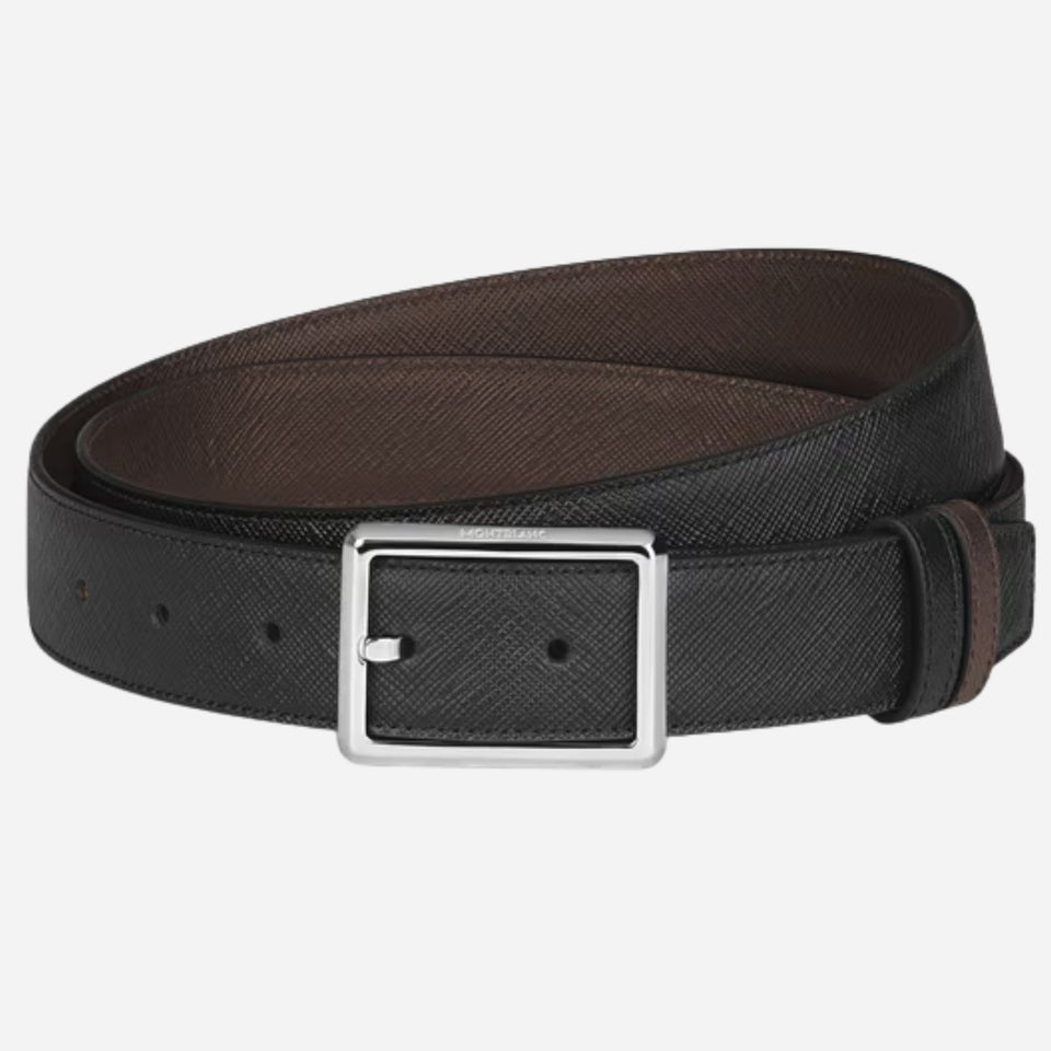 The Montblanc 30 mm Rectangular Pin Buckle Reversible Black and Ebony Sartorial Leather Belt by Montblanc.