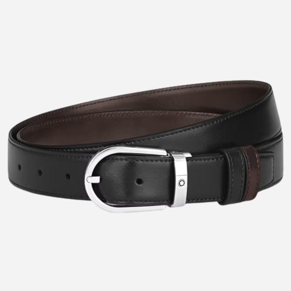 The Montblanc 30 mm Horseshoe Pin Buckle Reversible Black and Ebony Meisterstück Leather Belt by Montblanc.