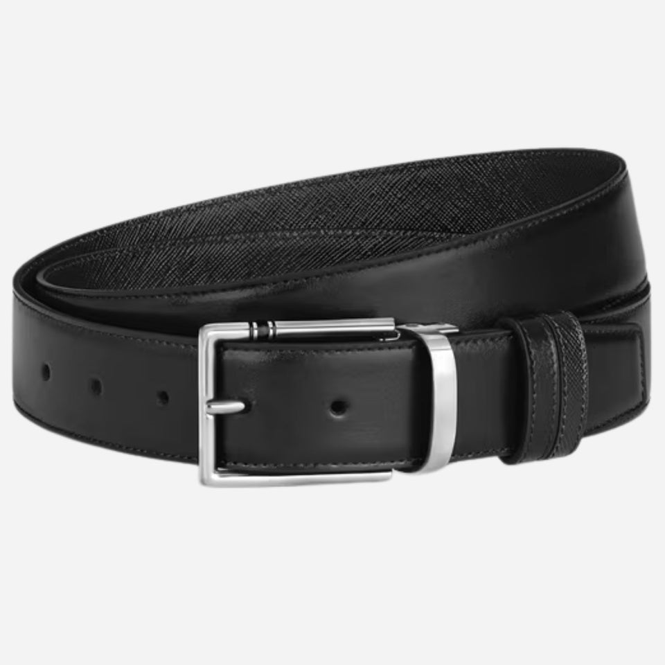The Montblanc 35 mm Reversible Black Sartorial and Meisterstück Leather Belt with Rectangular Pin Buckle by Montblanc.