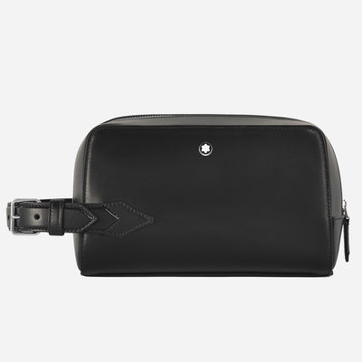 The Meisterstück Smooth Black Leather Wash Bag with Strap and Nib-Shaped Detailing by Montblanc.