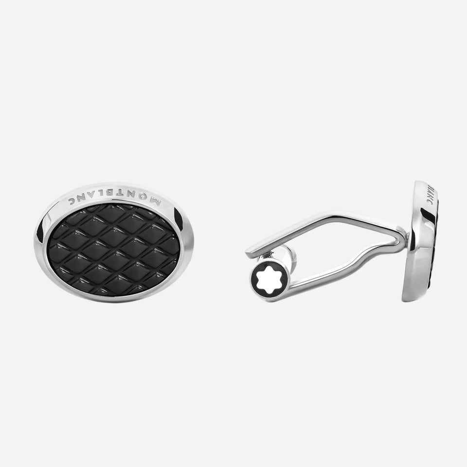 The Meisterstück Stainless Steel Oval Cufflinks with Black Geometric Lacquer Inlay by Montblanc.