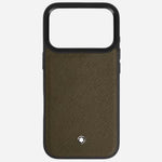 The Montblanc Khaki Sartorial Leather Hardshell Case for iPhone 17 Pro by Montblanc.