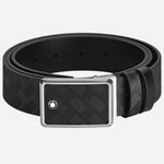 The Marquetry Plate Buckle 30 mm Reversible Black Leather Belt by Montblanc.