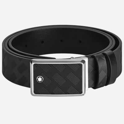 The Marquetry Plate Buckle 30 mm Reversible Black Leather Belt by Montblanc.