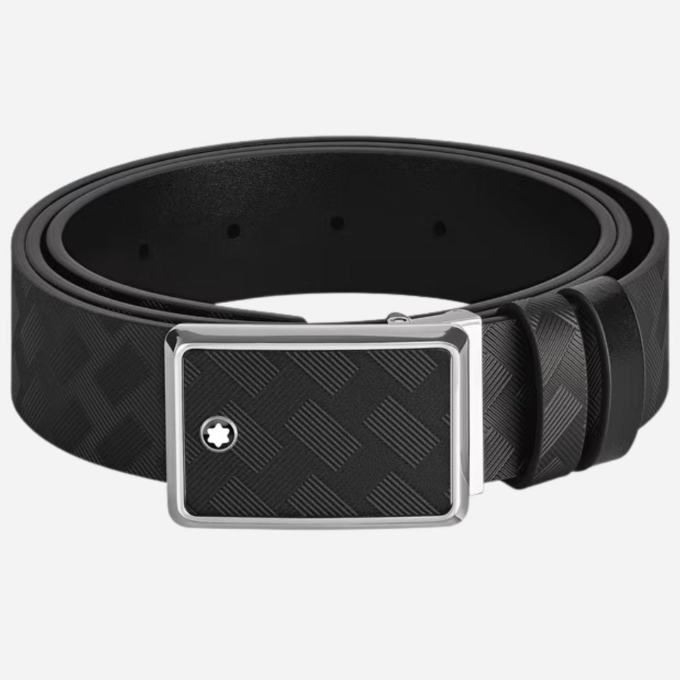 The Marquetry Plate Buckle 30 mm Reversible Black Leather Belt by Montblanc.