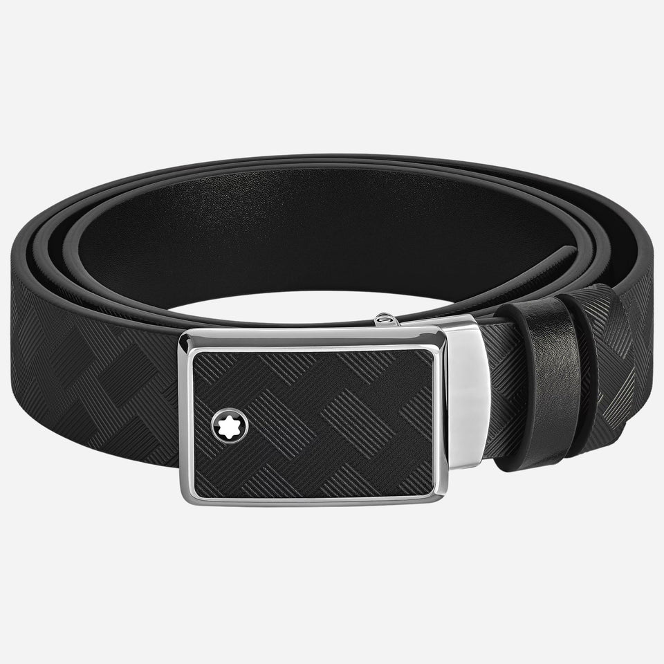The Marquetry Plate Buckle 35 mm Reversible Black Leather Belt by Montblanc.