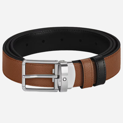 The Rectangular Buckle Reversible Fauve/Black Leather Belt by Montblanc.