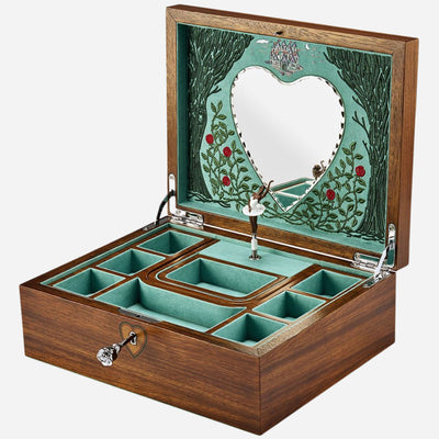The Sleeping Beauty Ballet Musical Jewellery Box in Turquoise and Walnut Wood by WOLF.