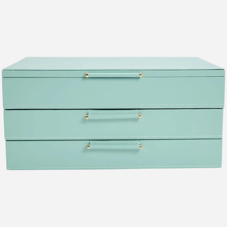 The Sophia Smooth Jade Leather Jewellery Box with Drawers by WOLF.