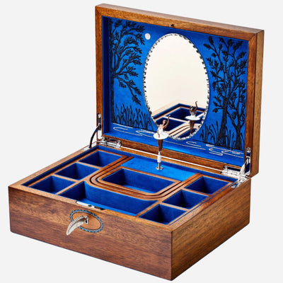 The Swan Lake Ballet Musical Jewellery Box in Blue and Walnut Wood by WOLF.
