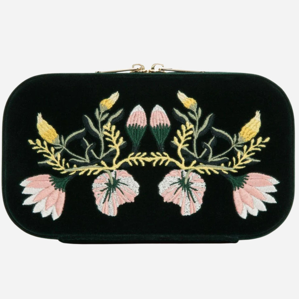 The Zoe Forest Green Velvet Travel Zip Jewellery Case by WOLF.