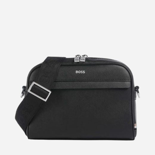 The Zair Black Faux Leather Squared Cross Body Bag by BOSS.