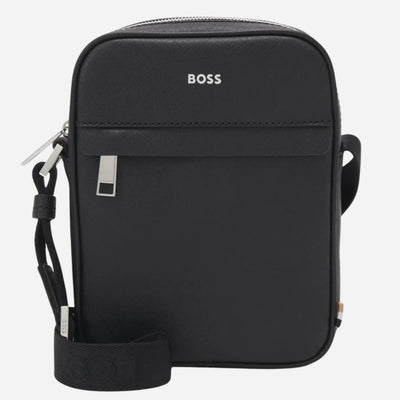 The BOSS Zair NS Zip Black Cross Body Bag with White Logo by BOSS.